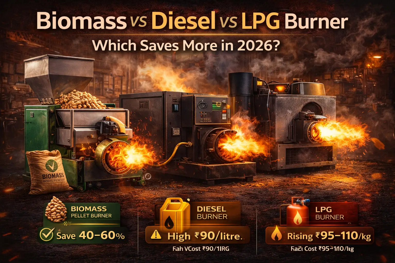 Biomass vs diesel vs LPG burner cost comparison for Indian industries showing fuel savings in 2026