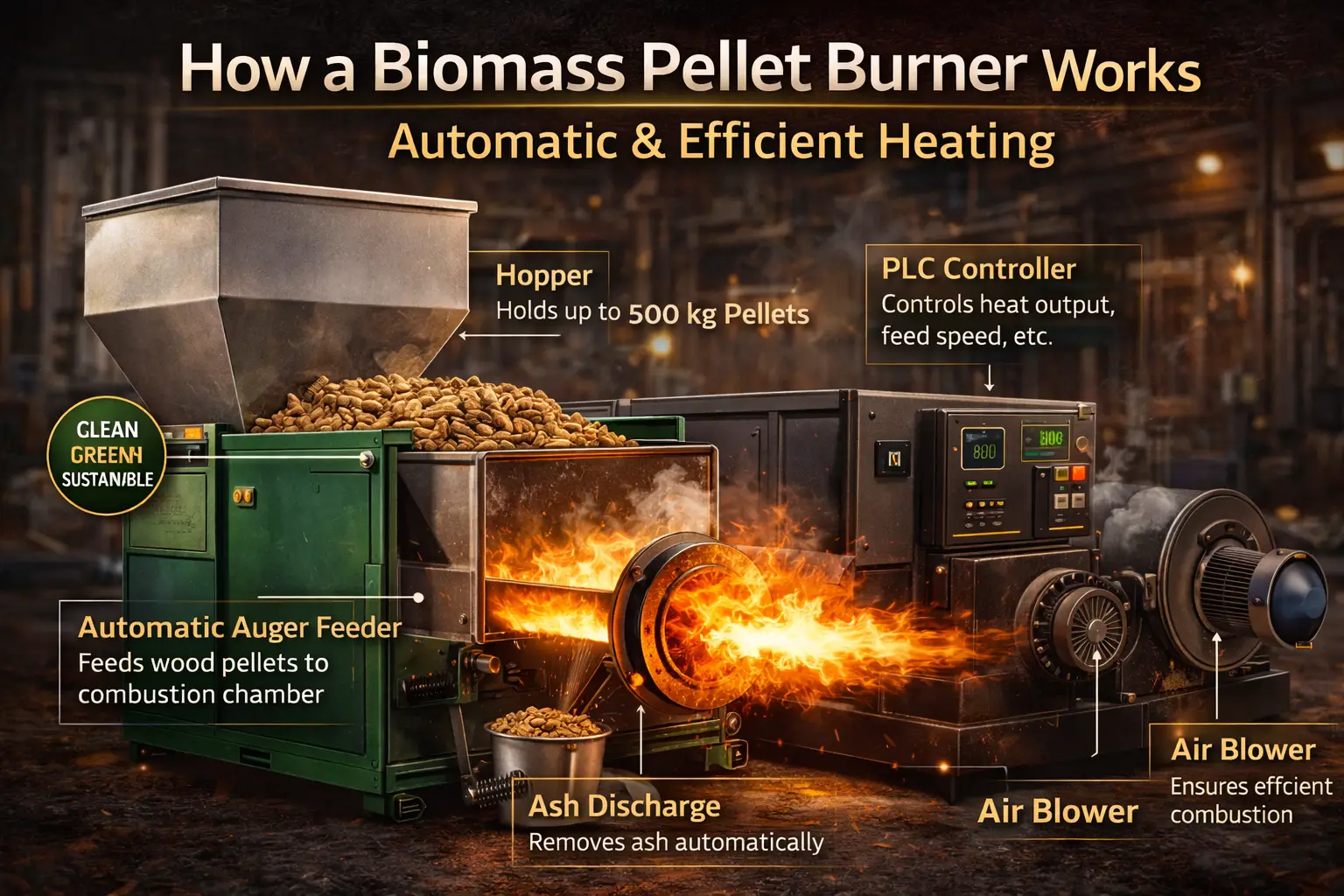 Diagram showing how a biomass wood pellet burner works including hopper auger feeder combustion chamber and air system