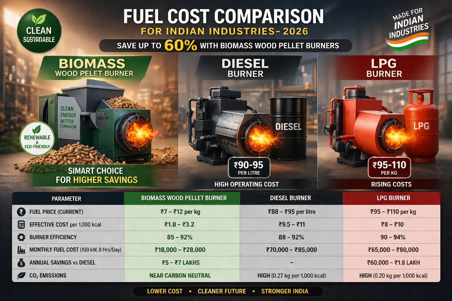 Fuel cost comparison of biomass pellet burner vs diesel and LPG showing savings up to 60 percent for Indian industries