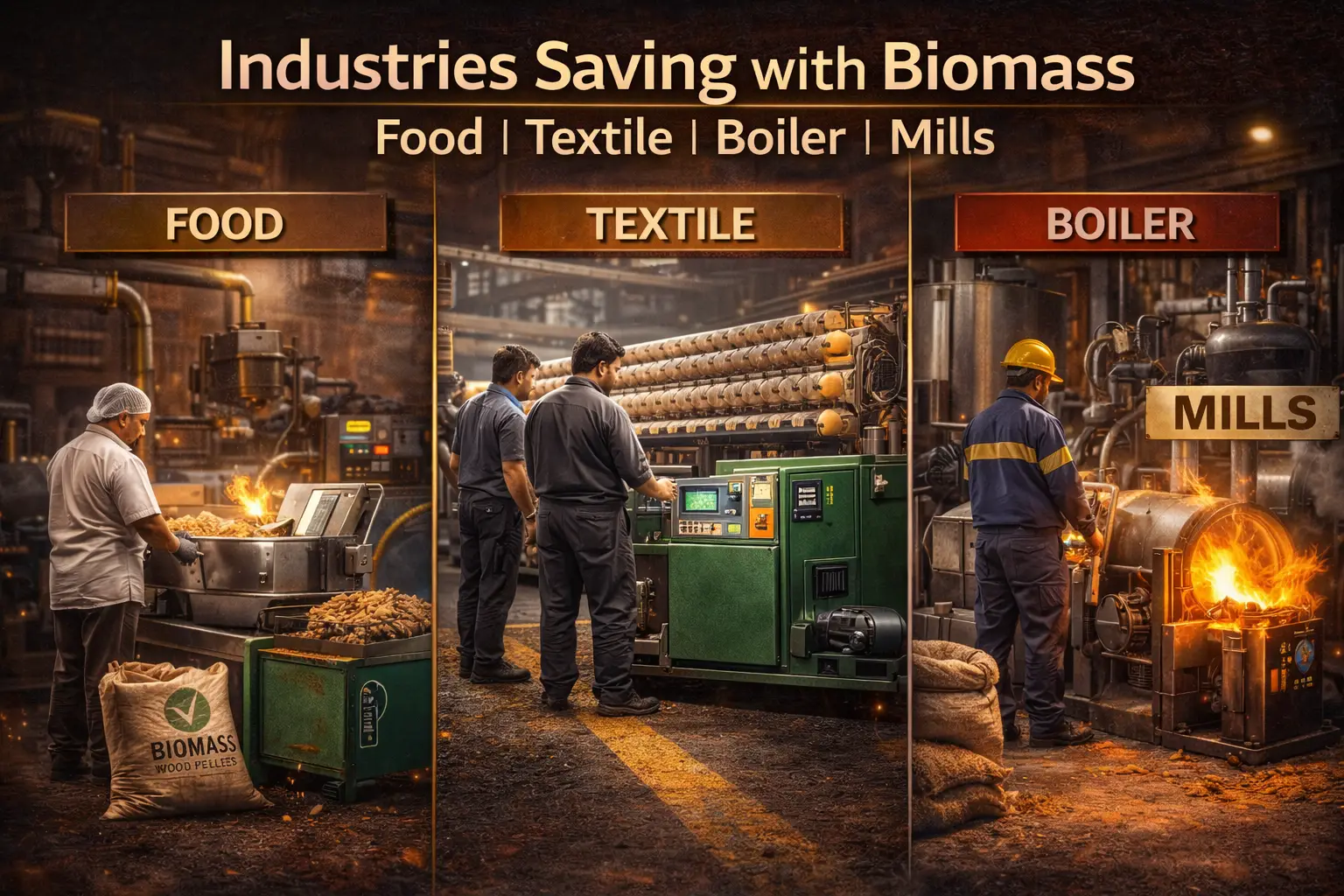 Industries in India using biomass pellet burners including food textile boiler and mills showing fuel cost savings